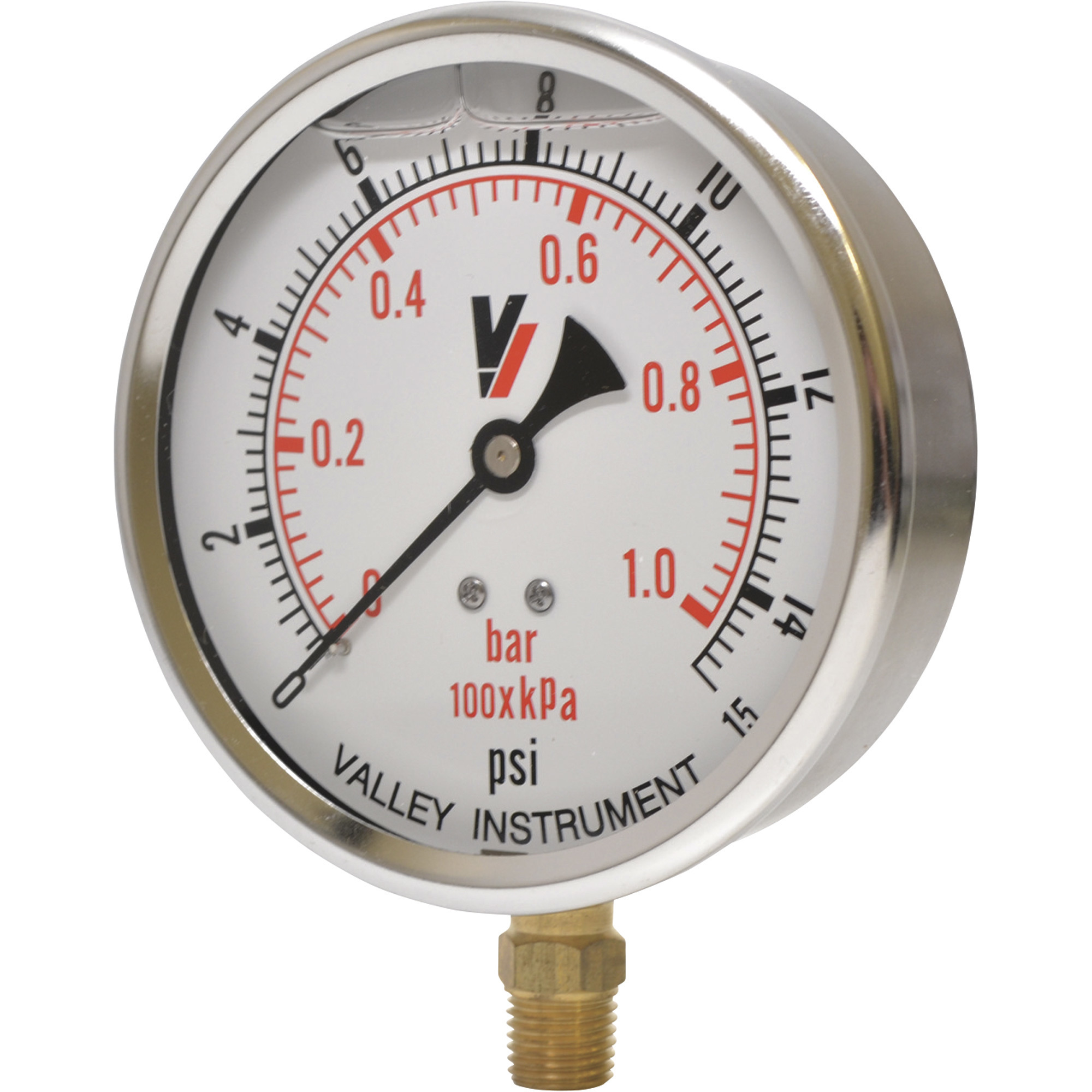 Valley Industries, 4in. Bottom Mt Gauge 15PSI, Case Material Stainless Steel, Min. Operating Pressure 0 PSI, Max. Operating Pressure 15 PSI, Model# 4140GXB15